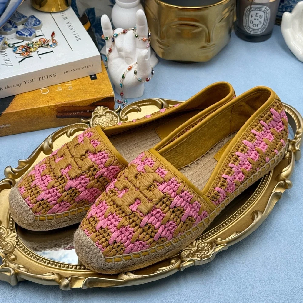 🆕 TORY BURCH 🧿 NWOB Eleanor Crochet Woven Espadrilles, Pink Carnation - Sz 7